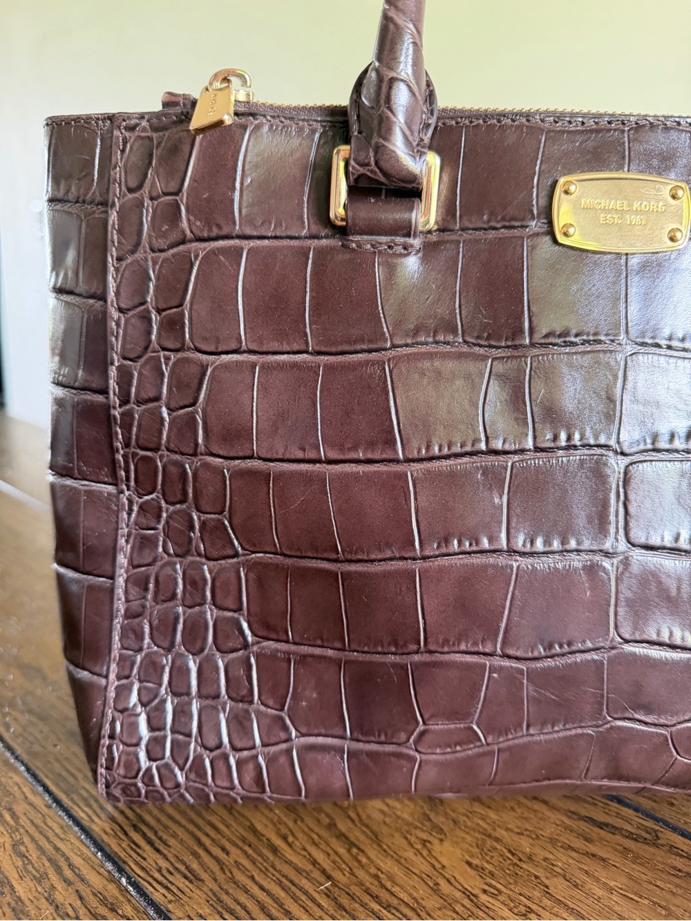 Michael Kors Kellen Crocodile Embossed Leather Satchel Crossbody Brown - Picture 2 of 14
